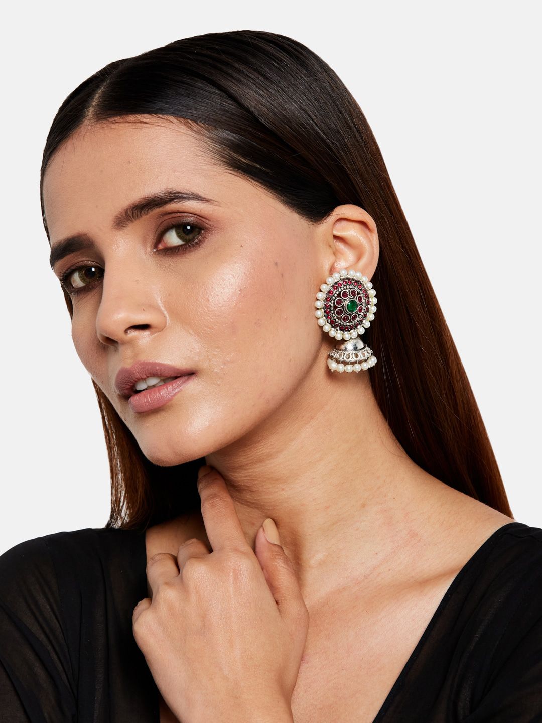 ATIBELLE Silver-Plated Pearl Studded Contemporary Jhumkas