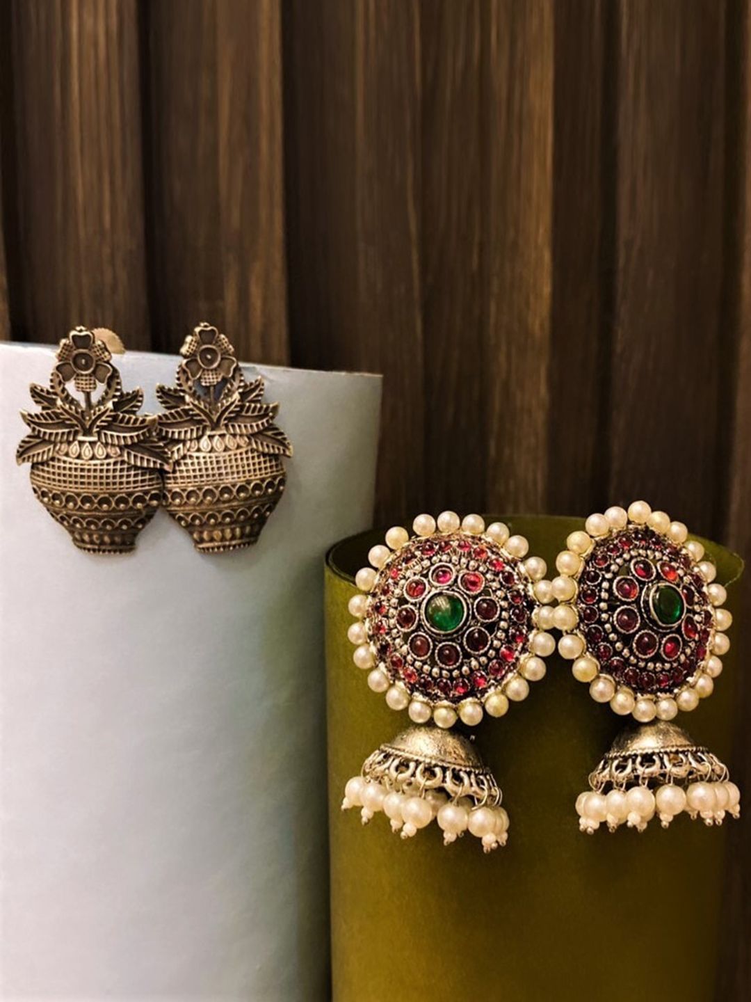 ATIBELLE Silver-Plated Pearl Studded Contemporary Jhumkas