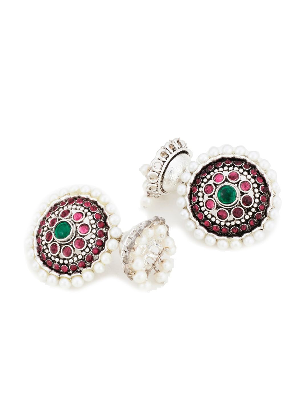 ATIBELLE Silver-Plated Pearl Studded Contemporary Jhumkas