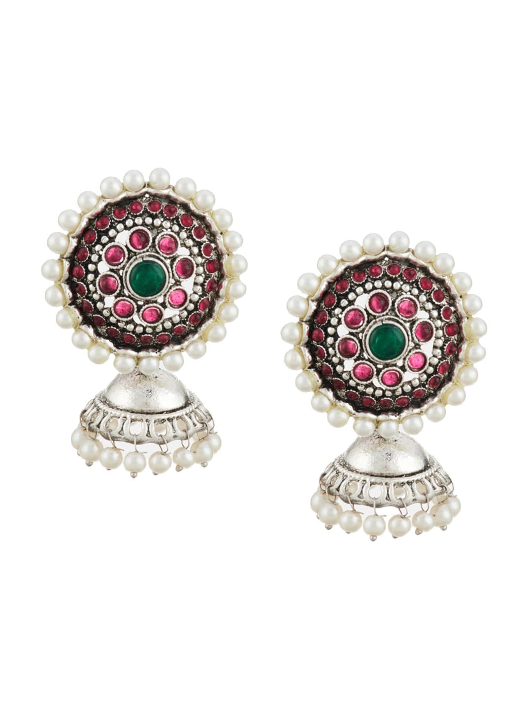 ATIBELLE Silver-Plated Pearl Studded Contemporary Jhumkas