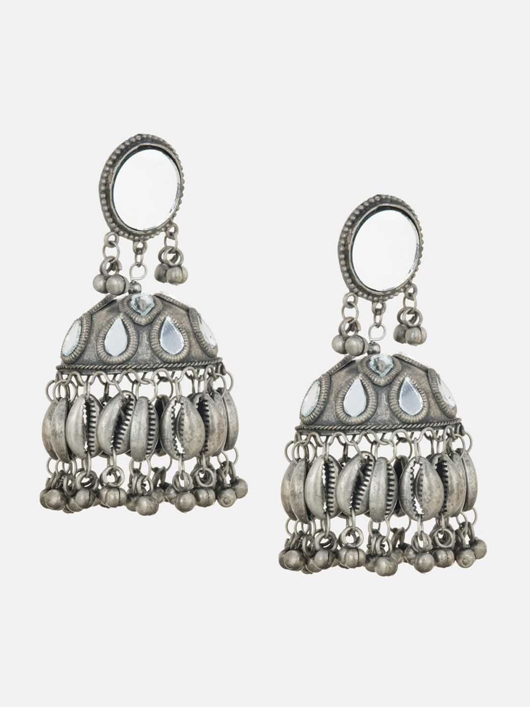 ATIBELLE Set Of 2 Silver Plated Stone Studded & Beaded Dome Shaped German Silver Jhumkas