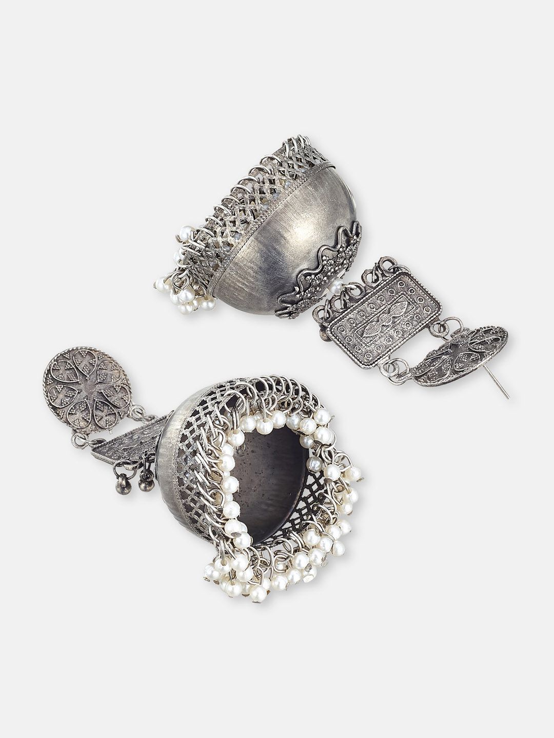 ATIBELLE Set Of 2 Silver Plated Stone Studded & Beaded Dome Shaped German Silver Jhumkas