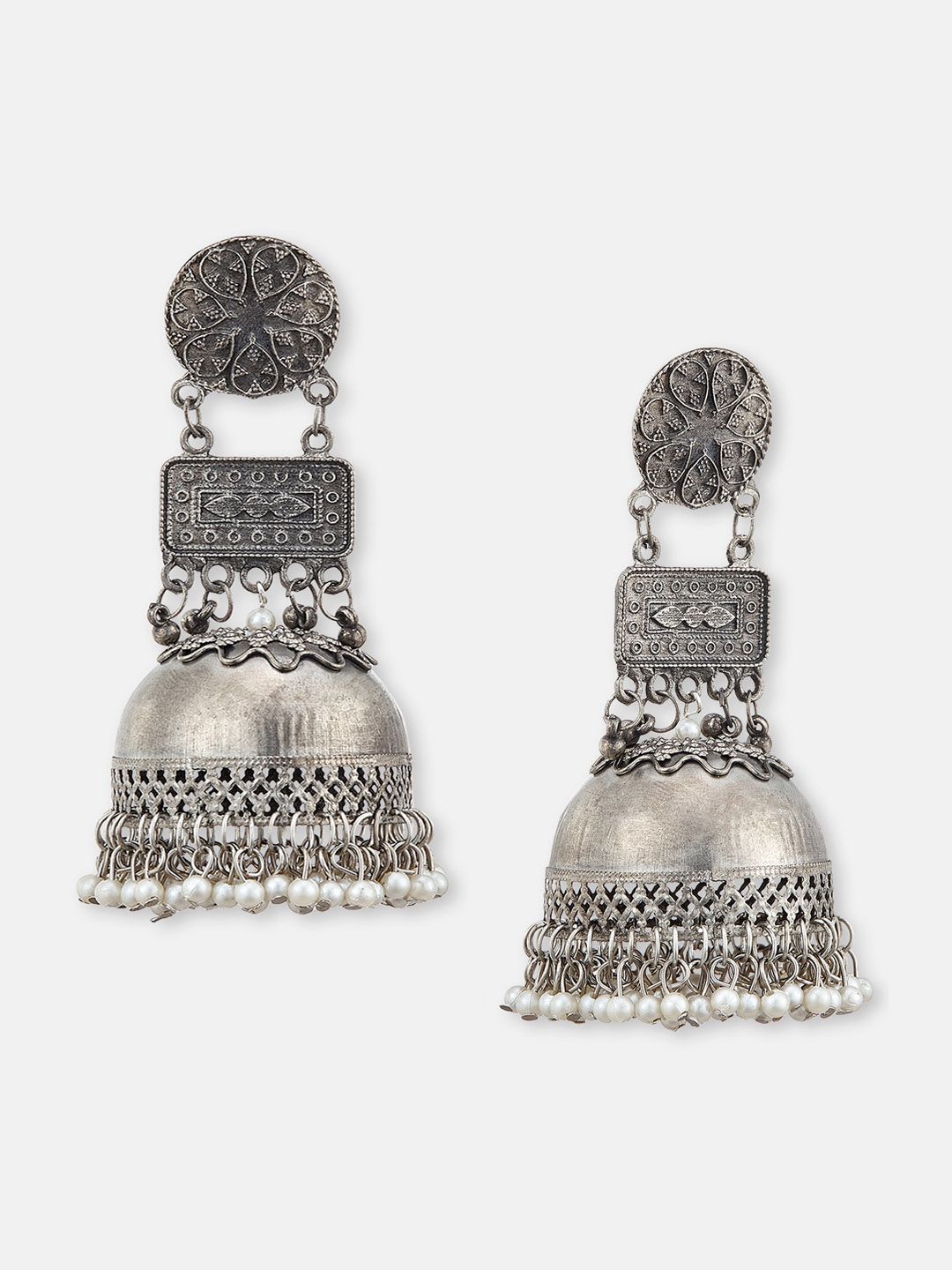 ATIBELLE Set Of 2 Silver Plated Stone Studded & Beaded Dome Shaped German Silver Jhumkas