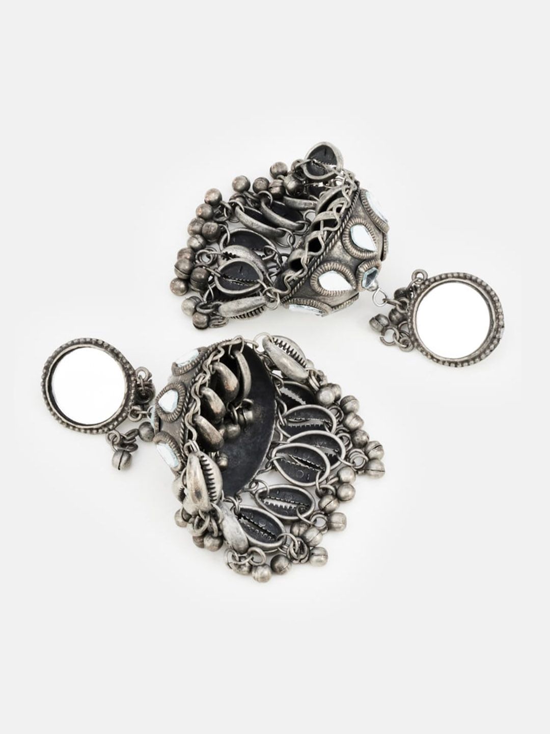 ATIBELLE Set Of 2 Silver Plated Stone Studded & Beaded Dome Shaped German Silver Jhumkas