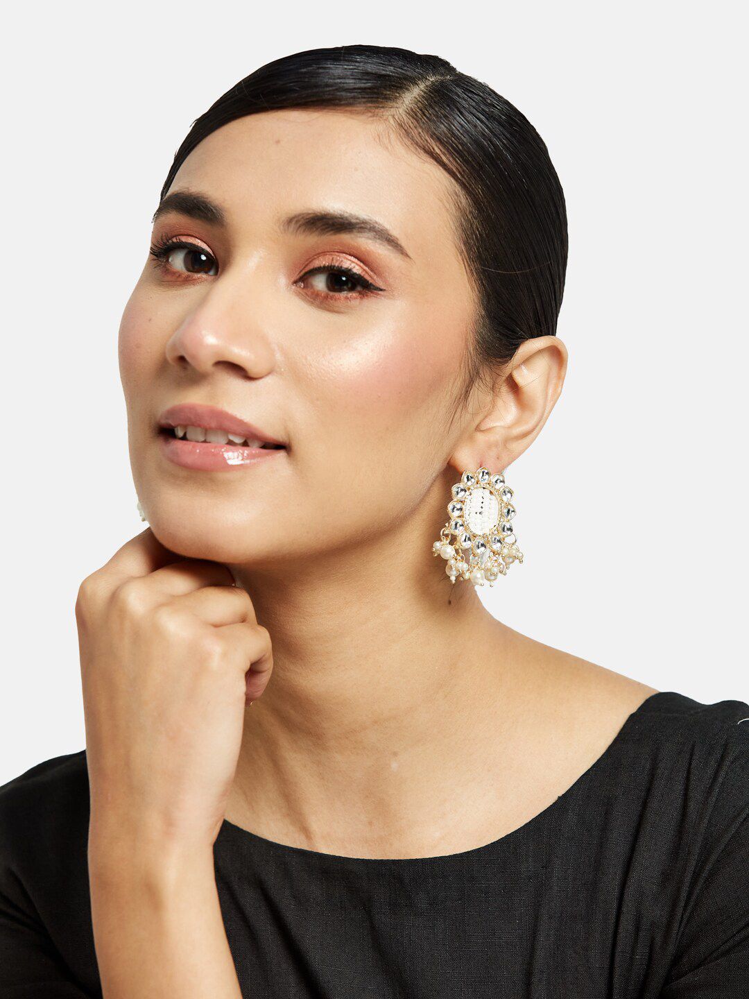 ATIBELLE Set Of 2 Gold Plated Contemporary Kundan Studded & Beaded Drop Earrings