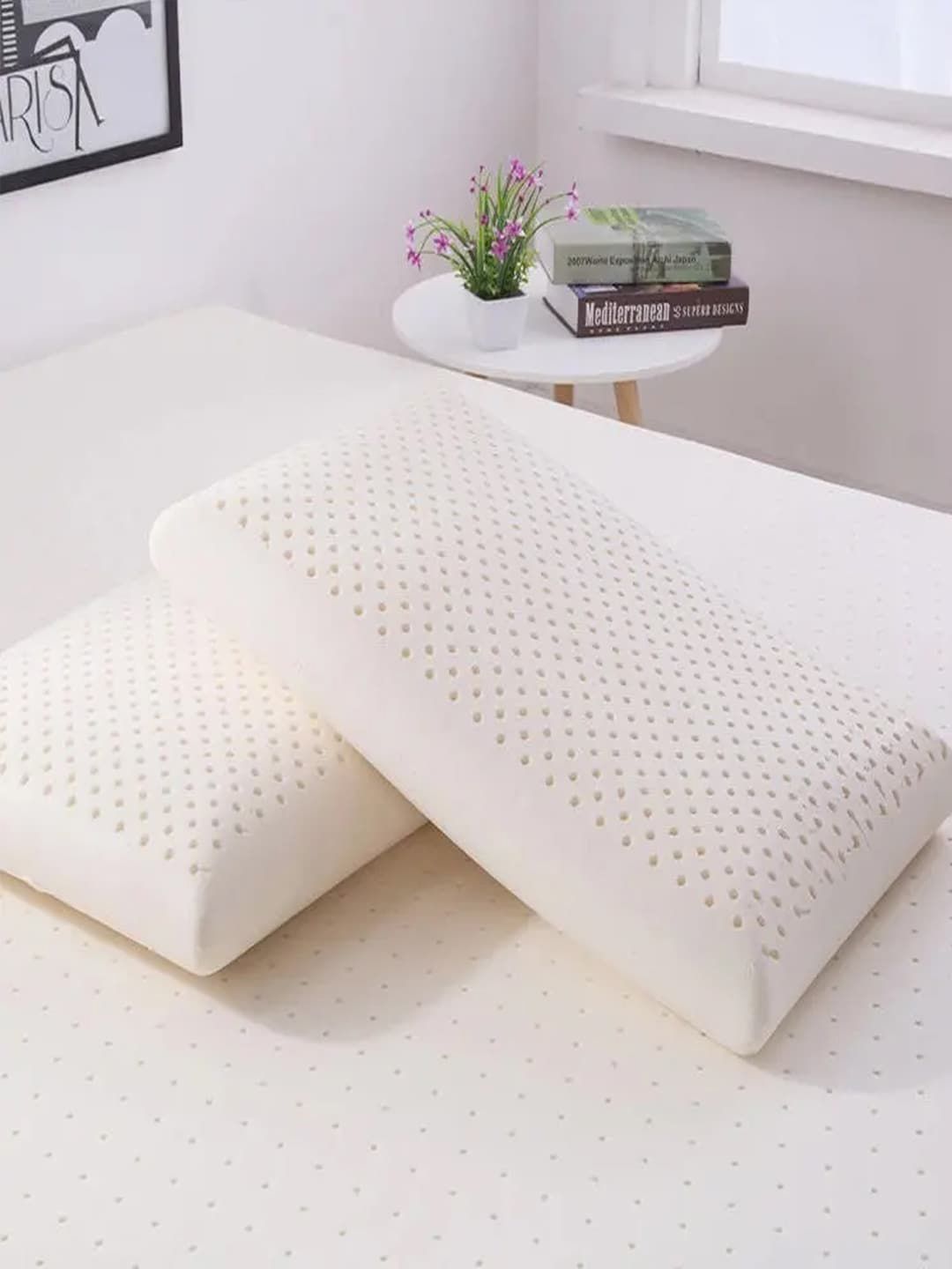 AVI White 2 Pcs Printed Breathable Natural Organic Latex Foam Pillows With Cotton Covers-image-13