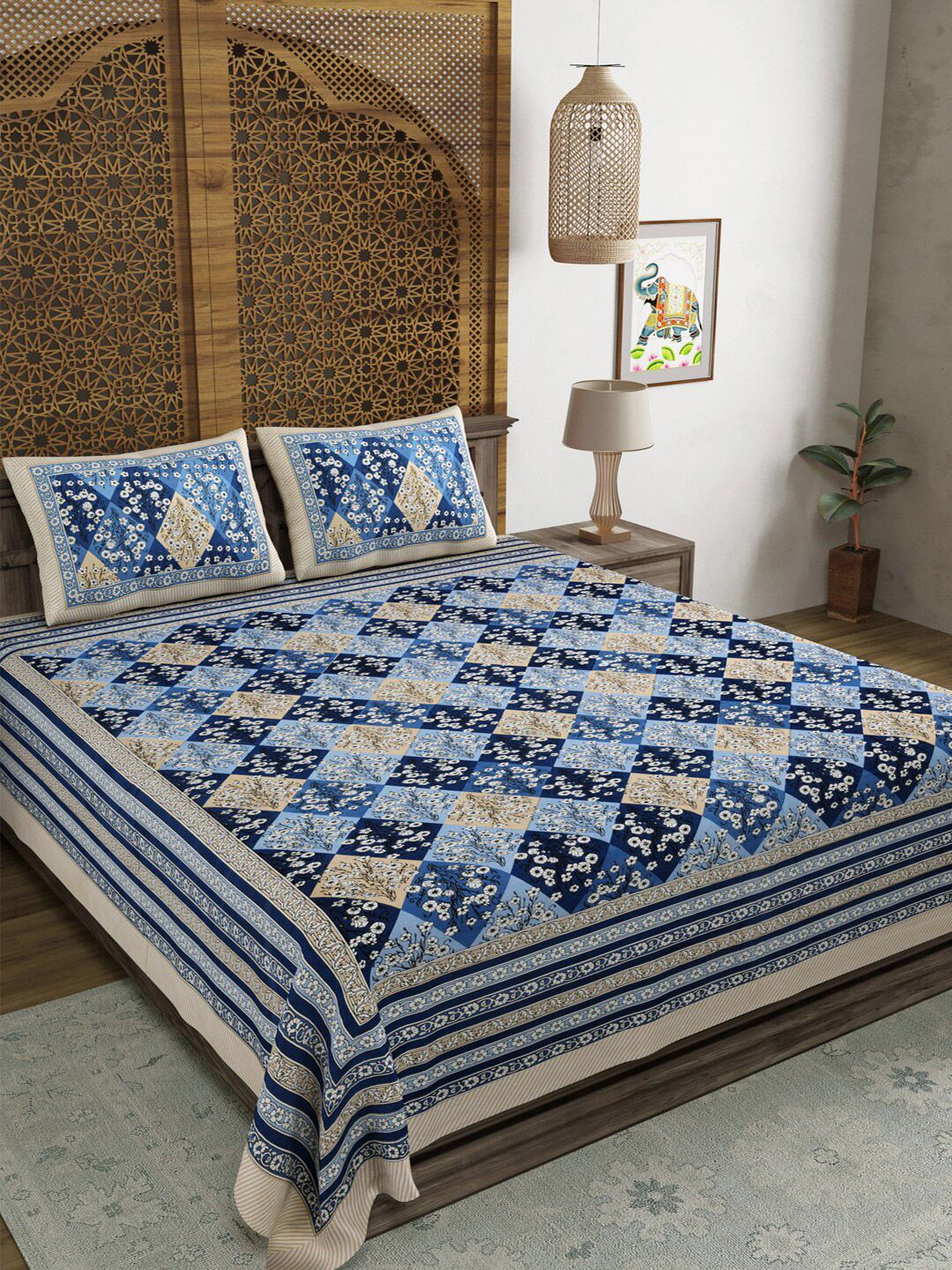 Sangria Blue & Brown Floral-Printed Cotton 210 TC King Bedsheet With 2 Pillow Covers-picture-27