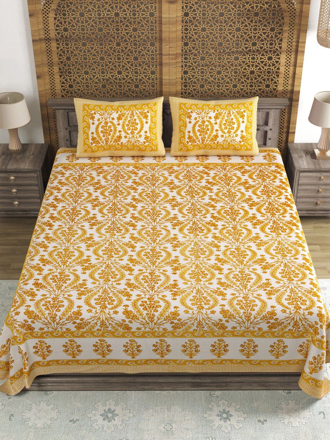 Sangria Yellow & White Floral-Printed Cotton 210 TC King Bedsheet With 2 Pillow Covers-image-15