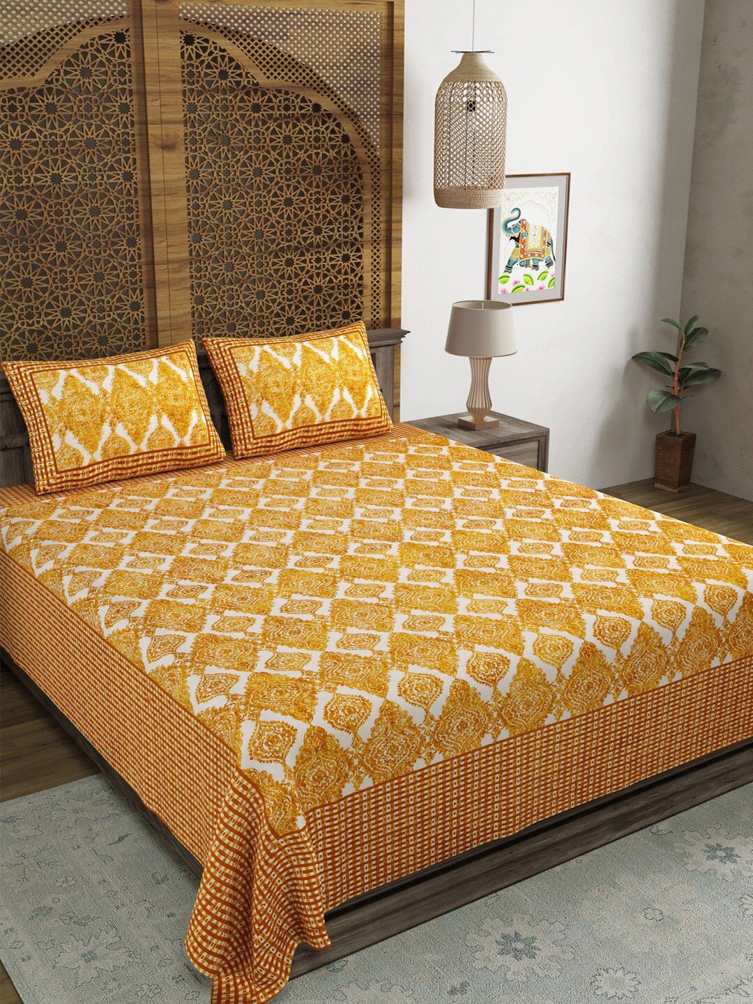 Sangria Yellow & White  Floral Printed Cotton 210 TC King Bedsheet & 2 Pillow Covers-image-2