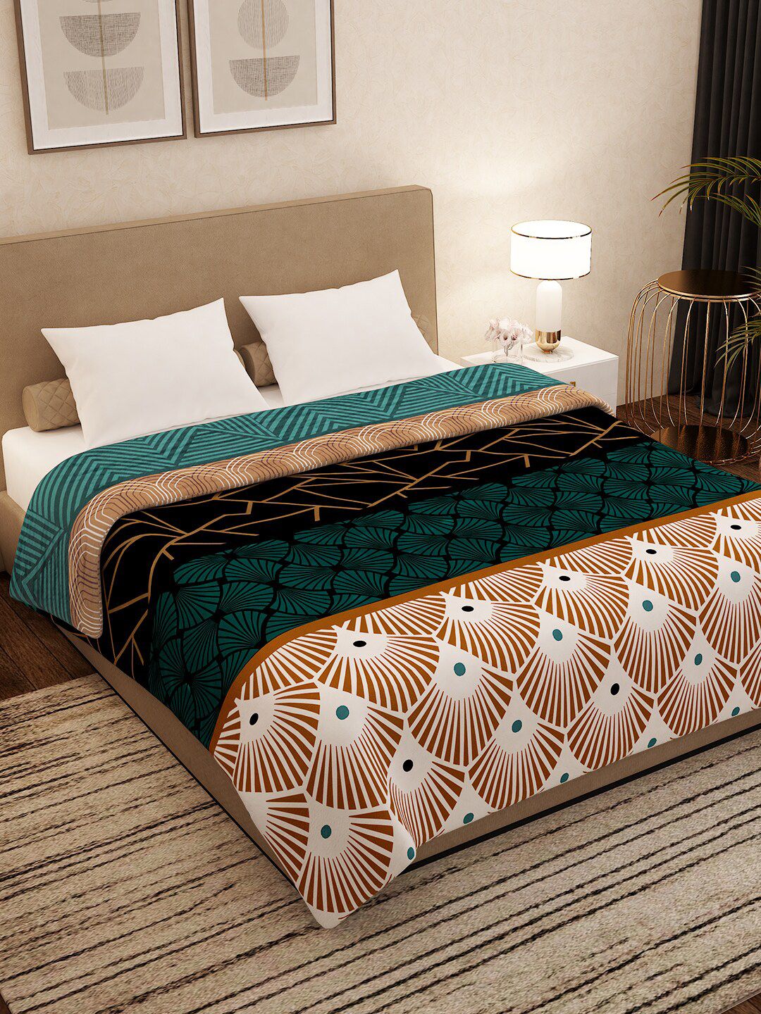 Story@home Teal & Black Geometric AC Room 300 GSM Double Bed Blanket