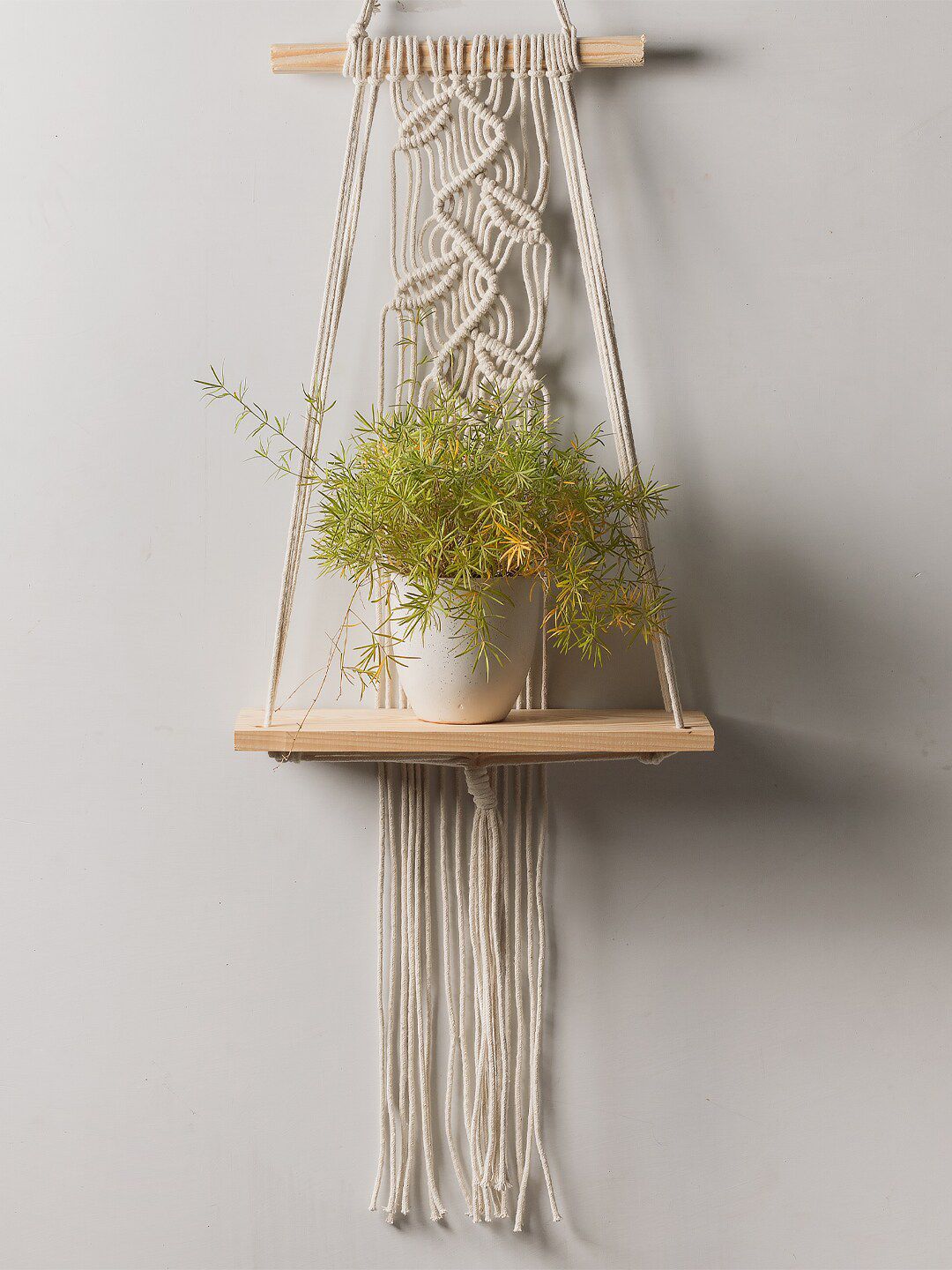 Decazone Macrame Beige Leaf Pattern Wood Shelf Wall Hanging-image-2