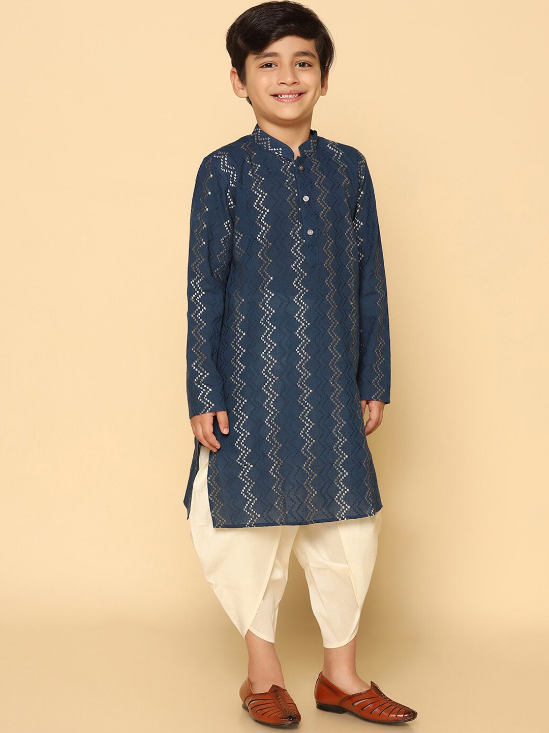 KISAH Boys Woven Design Mandrain Collar Chevron Thread Work Kurta With Dhoti Pants-picture-54