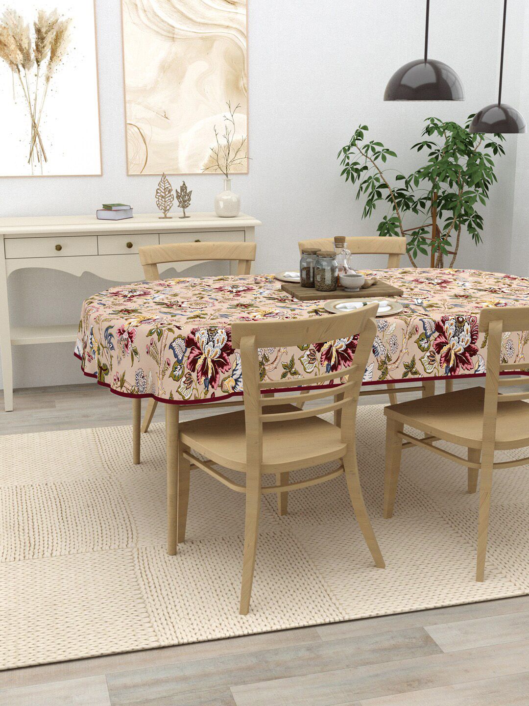 Clasiko Beige & Maroon Printed Cotton 4-Seater Table Cover-picture-31