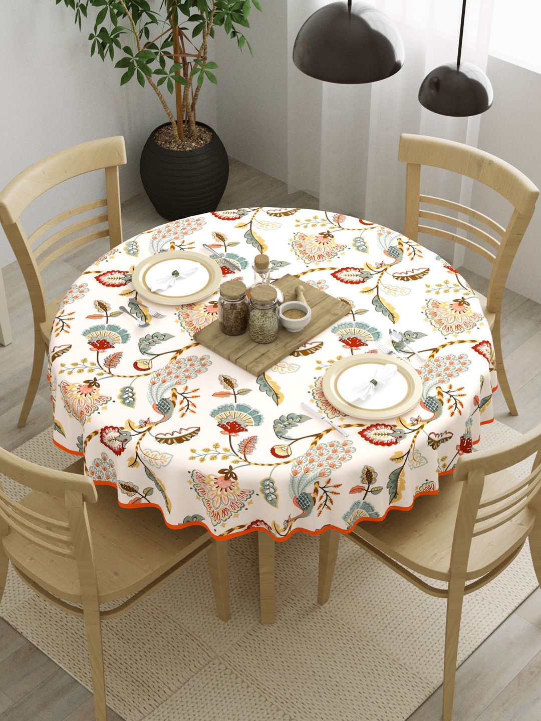 Clasiko White & Grey Printed Pure Cotton 4-Seater Table Cover-picture-10