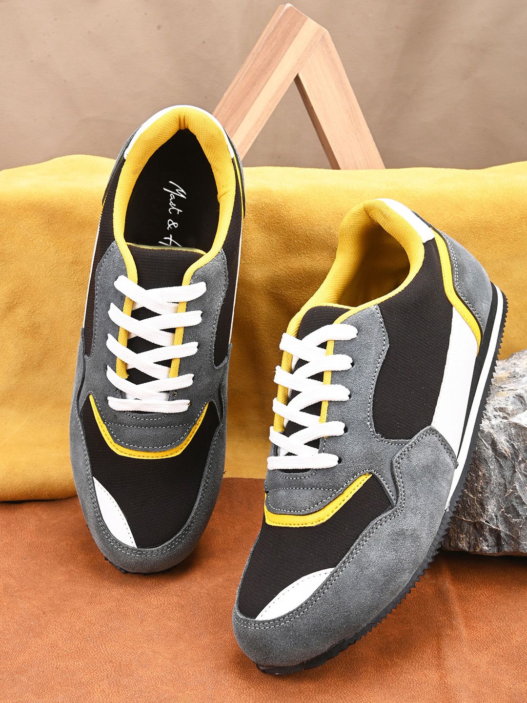 Mast And Harbour Men Black And Grey Colourblocked Leather Sneakers Price History 8916