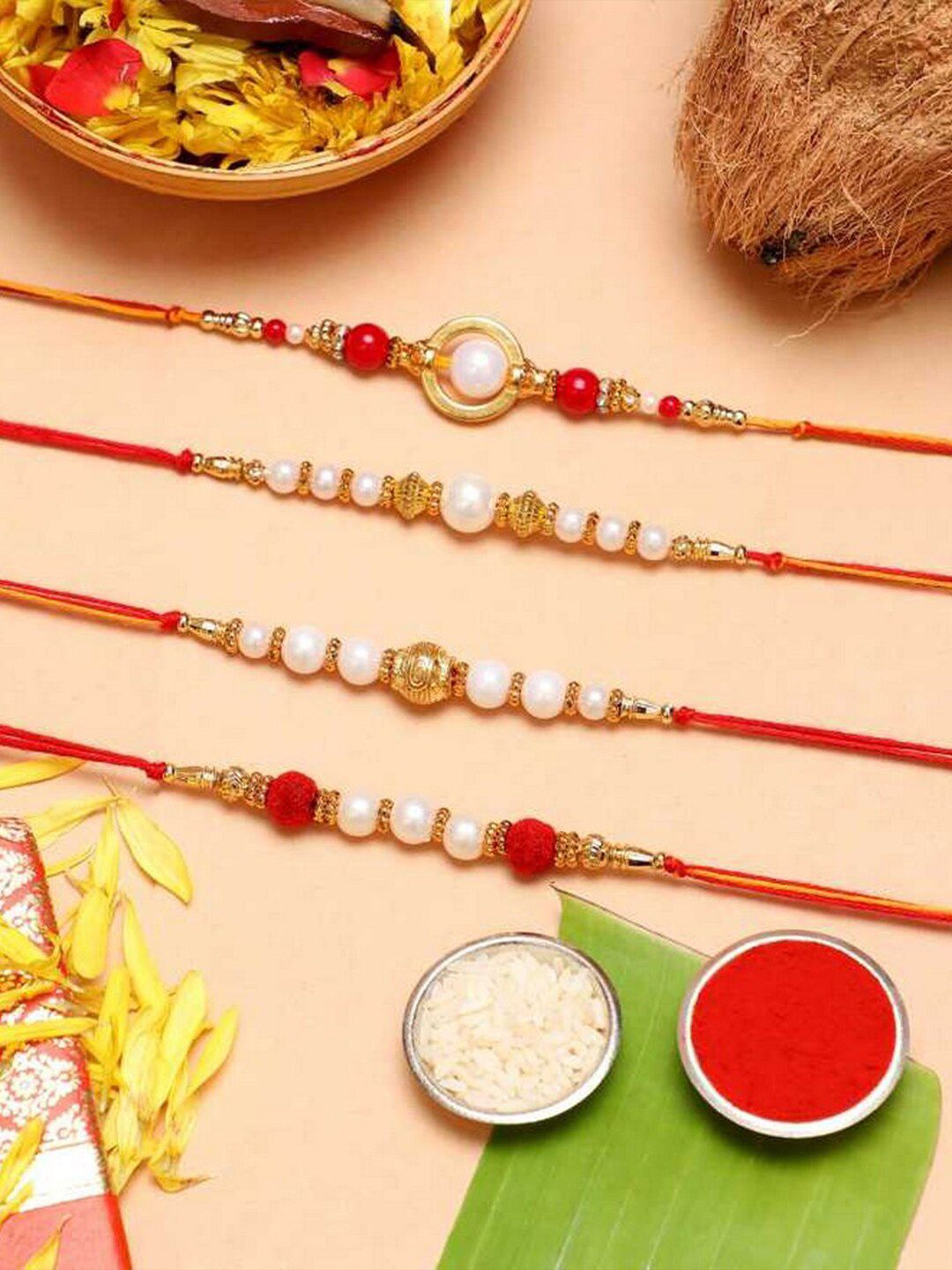 eCraftIndia Set Of 4 Beaded Thread Rakhis With Roli Chawal & Greeting Card-picture-43