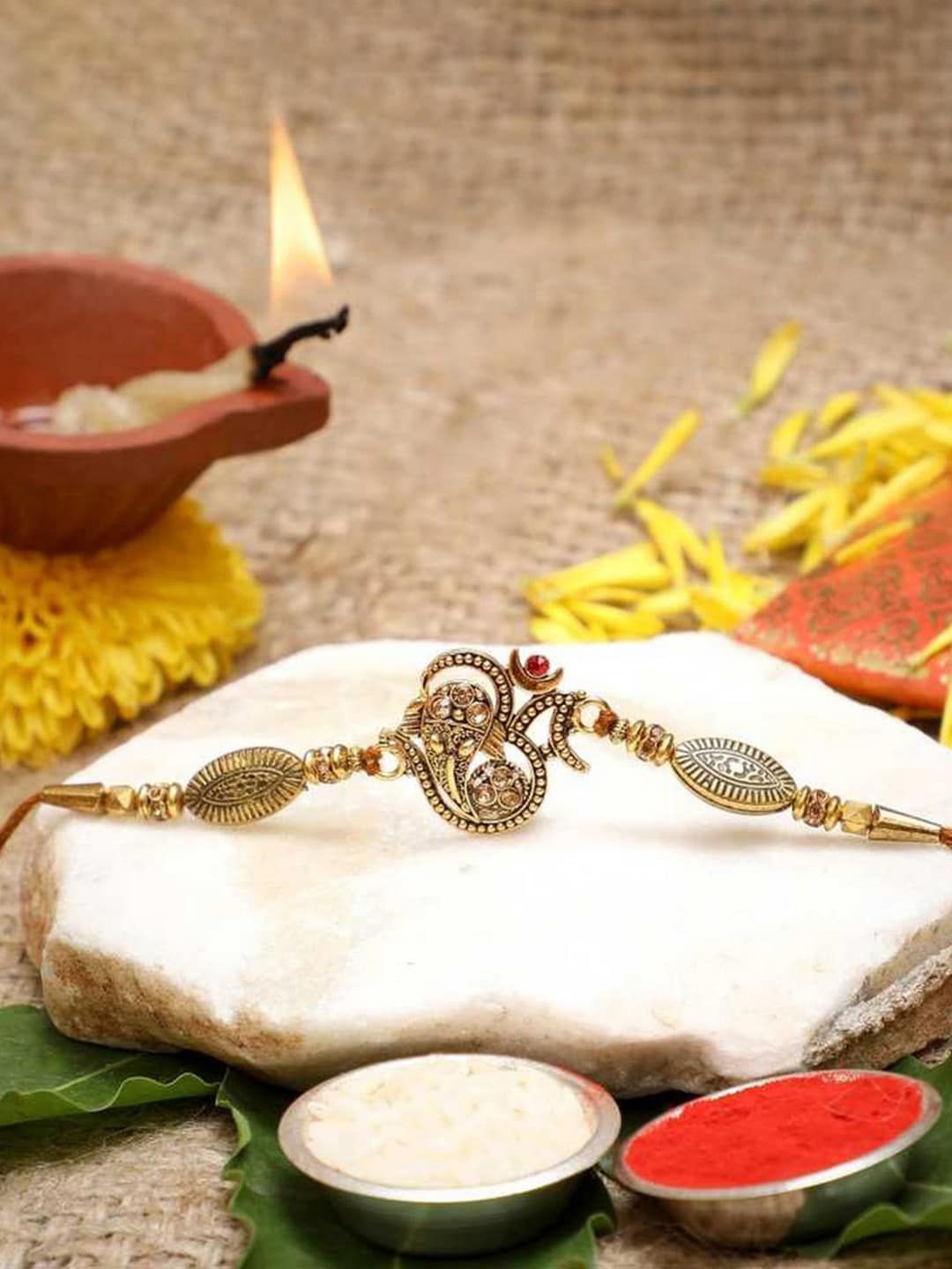 eCraftIndia Unisex Golden Beads, Om Symbol Religious Designer Rakhi With Roli Chawal Pack-picture-52