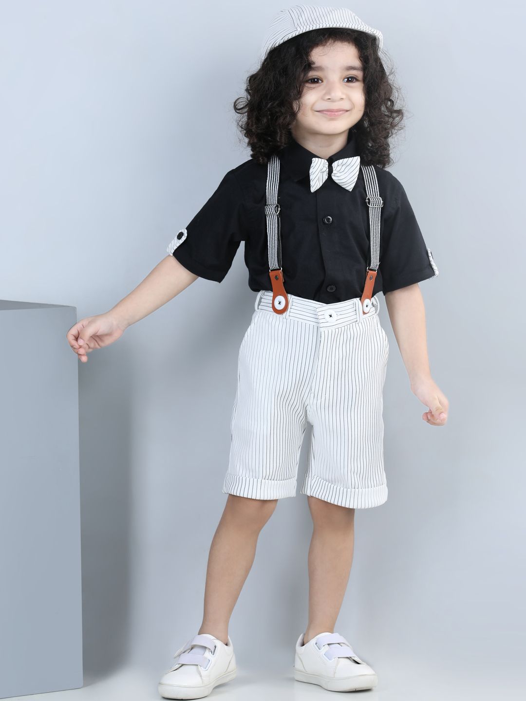 Aj DEZInES Boys Striped Shirt with Shorts Cap & Suspenders Clothing Set-picture-31