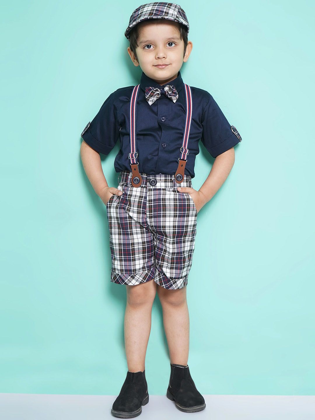Aj DEZInES Boys Checked Shirt with Shorts & Cap Suspenders Clothing Set-picture-33