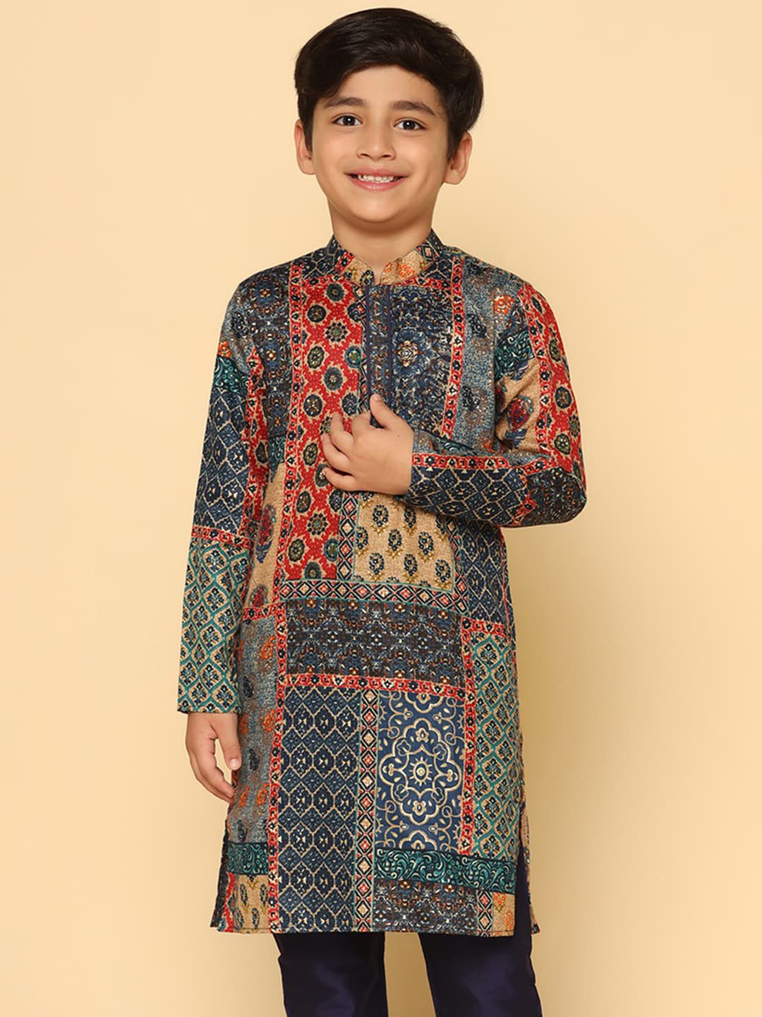 KISAH Boys Geometric Printed Mandarin Collar Pure Cotton Kurta-picture-28