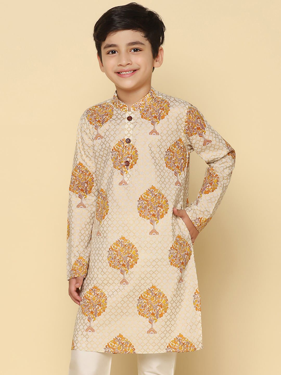 KISAH Boys Ethnic Motifs Woven Design Mandarin Collar Pure Cotton Straight Kurta-picture-32