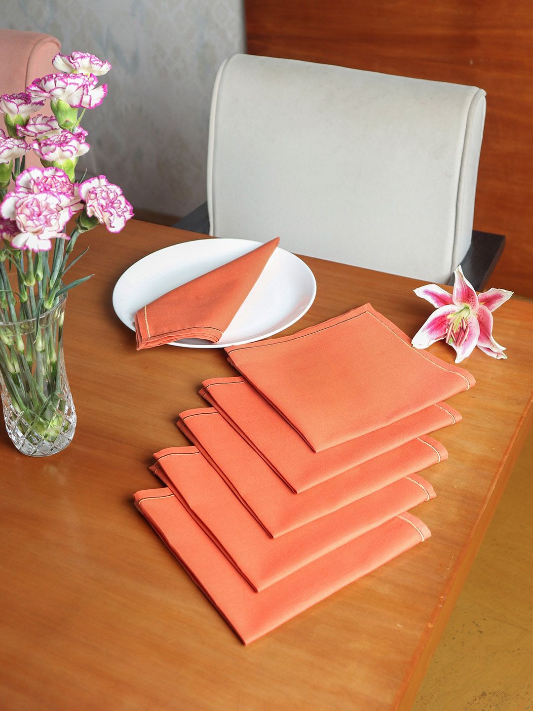 ZEBA Coral-Coloured 6 Pieces Cotton Table Napkins-image-40