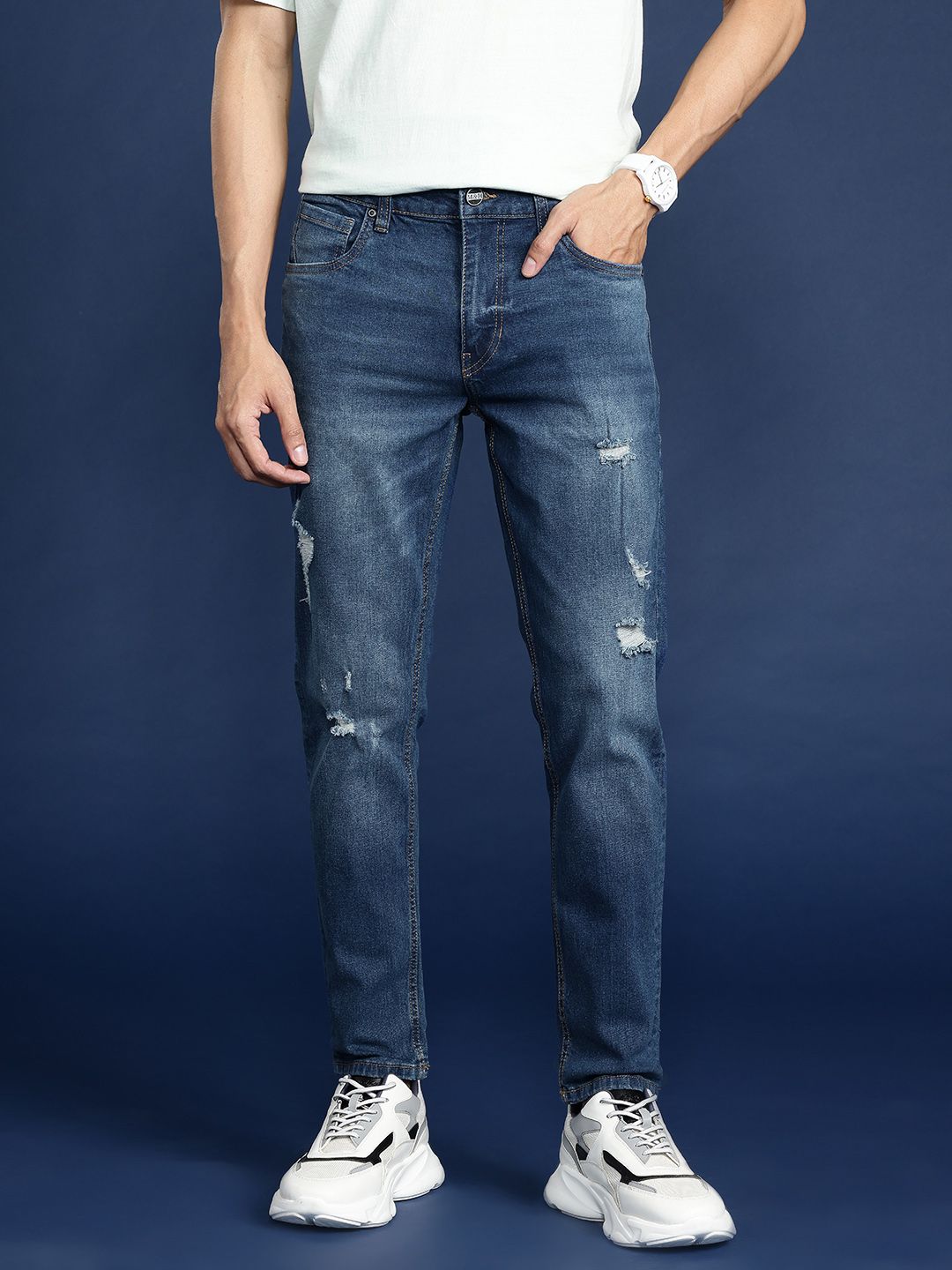 Mast & Harbour Men Slim Tapered Fit Low Distress Light Fade Stretchable Jeans-picture-21