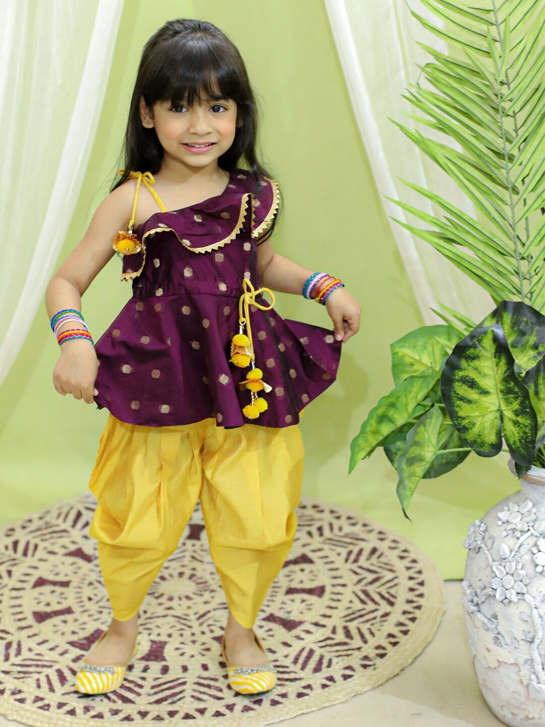 BownBee Girls Self Design Chanderi Silk Top With Dhoti Pants-picture-19