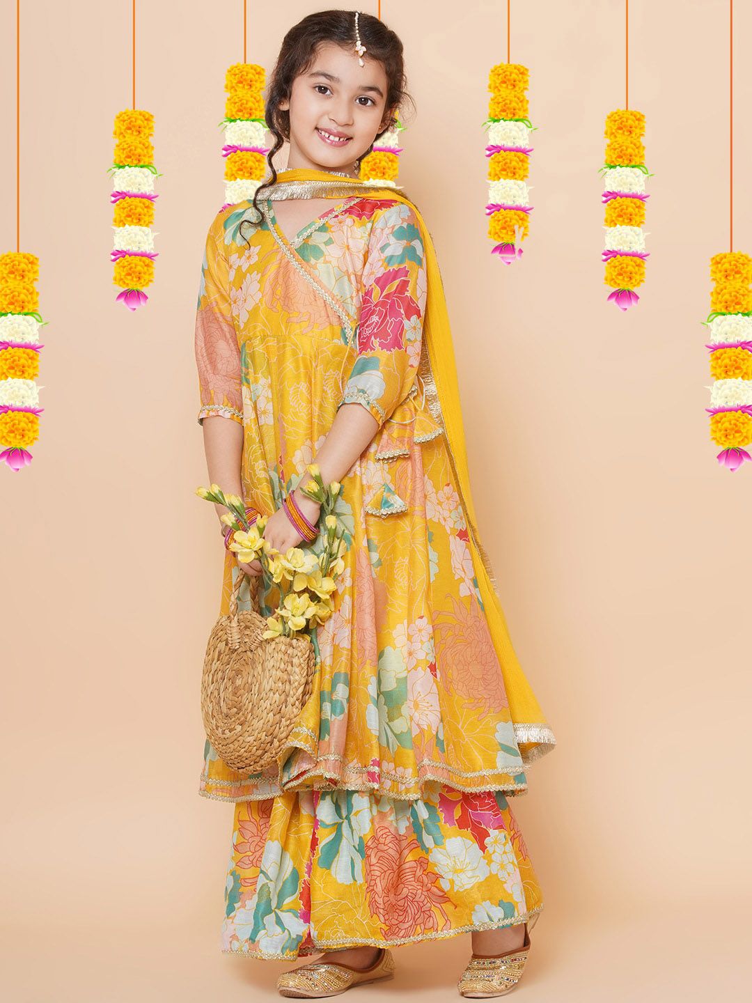 Bitiya by Bhama Girls Floral Printed Angrakha Anarkali Kurta & Sharara with Dupatta-picture-27