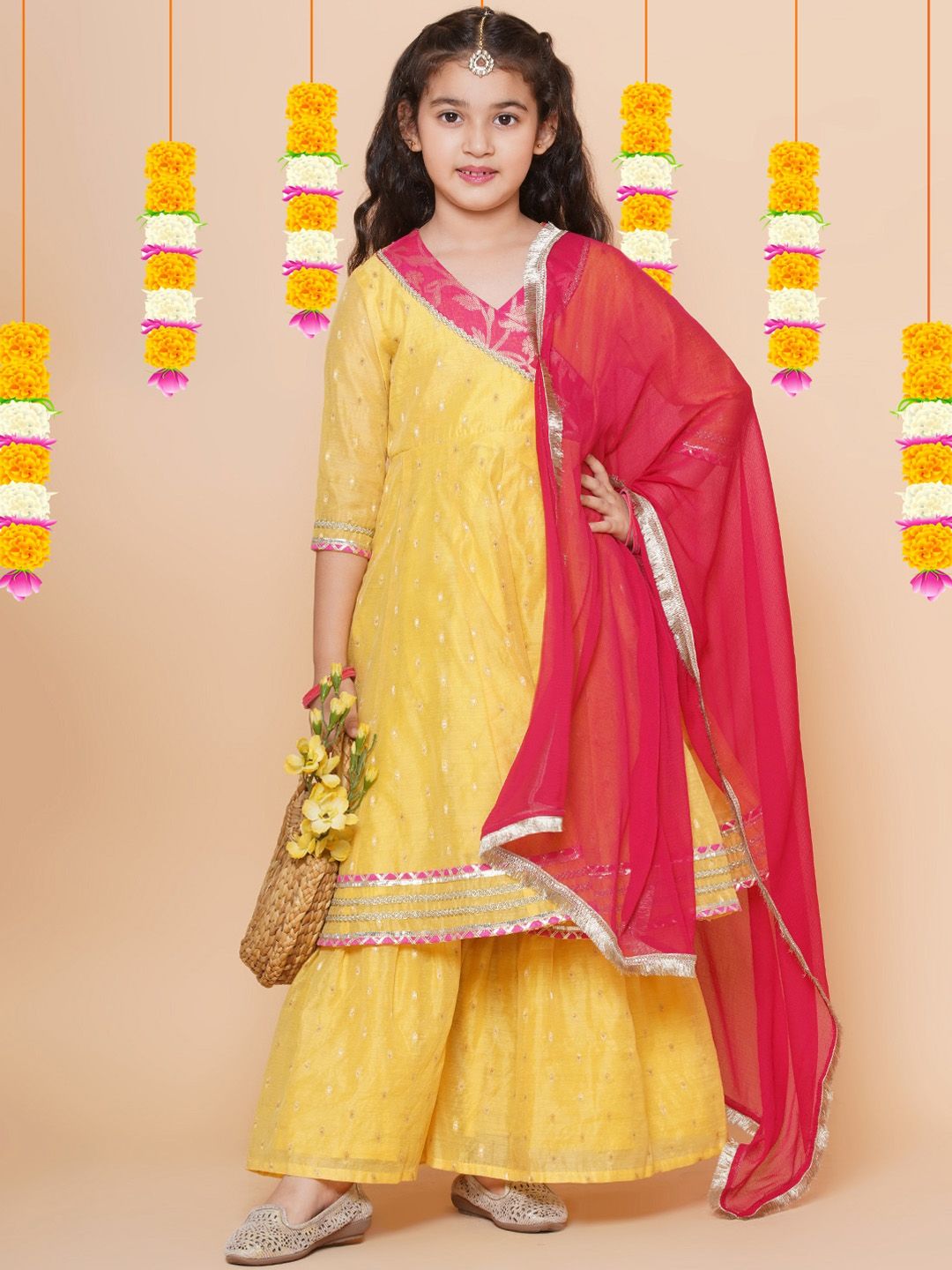Bitiya by Bhama Girls Yellow Angrakha Gotta Patti Kurta with Sharara & With Dupatta-picture-12