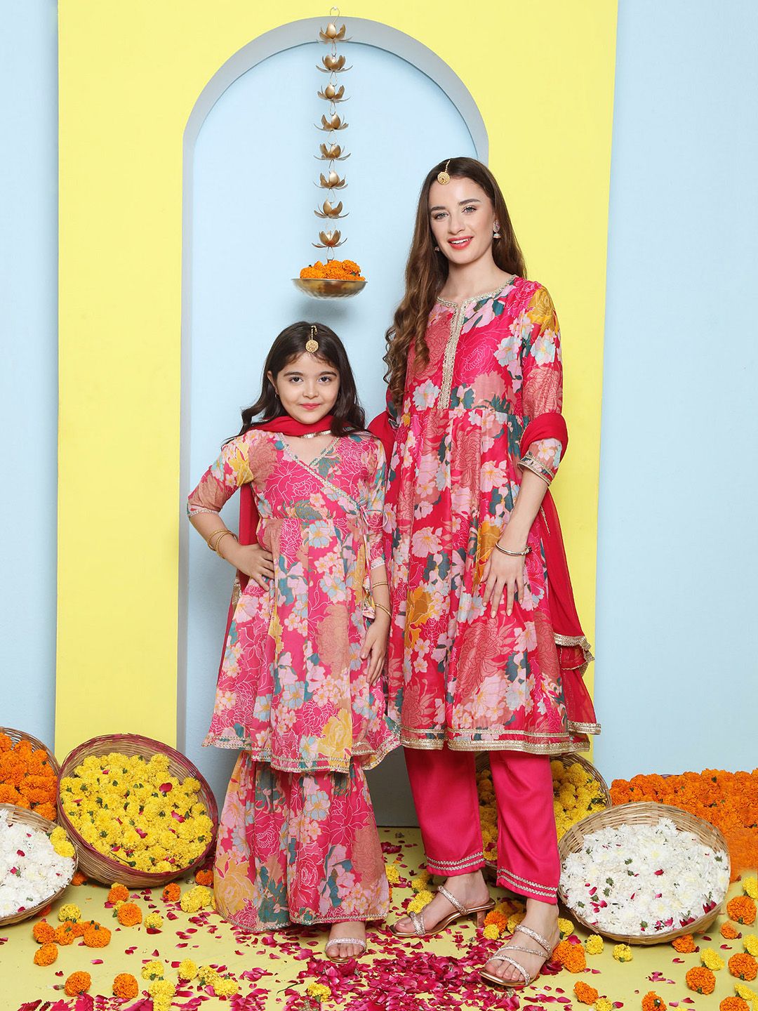 Bitiya by Bhama Girls Pink Floral Printed Angrakha Gotta Patti Kurta with Sharara & With Dupatta-image-23
