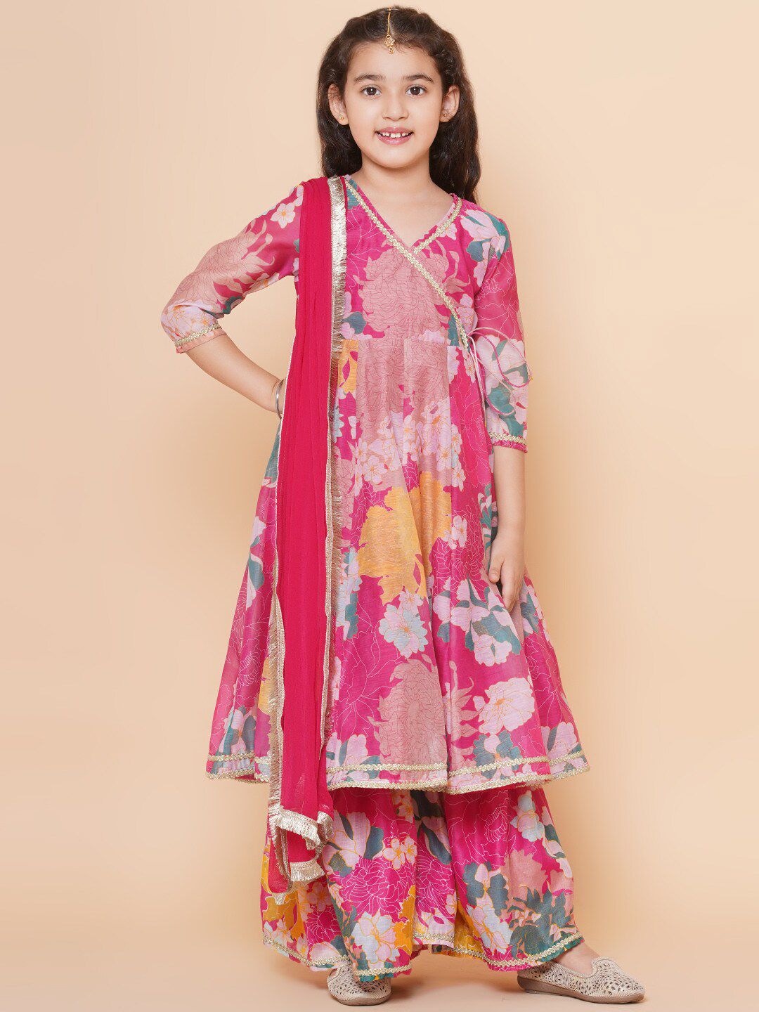 Bitiya by Bhama Girls Pink Floral Printed Angrakha Gotta Patti Kurta with Sharara & With Dupatta-picture-40