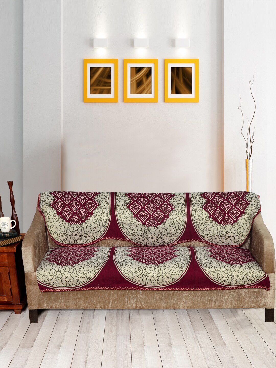 Nendle Maroon & Beige Printed 3-Seater Cotton Sofa Covers-image-8