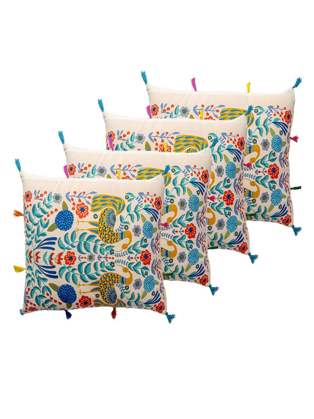 Contrast Living Beige & Blue 4 Pieces Floral Printed Cotton Square Cushion Covers-picture-31