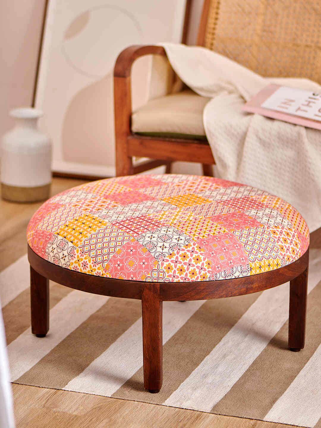 Chumbak Brown & Pink Printed Round Shaped Leg Ottoman-image-36