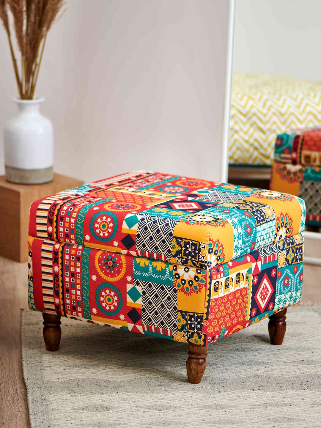Chumbak Red & Yellow Printed Rectangle Ottoman-picture-45