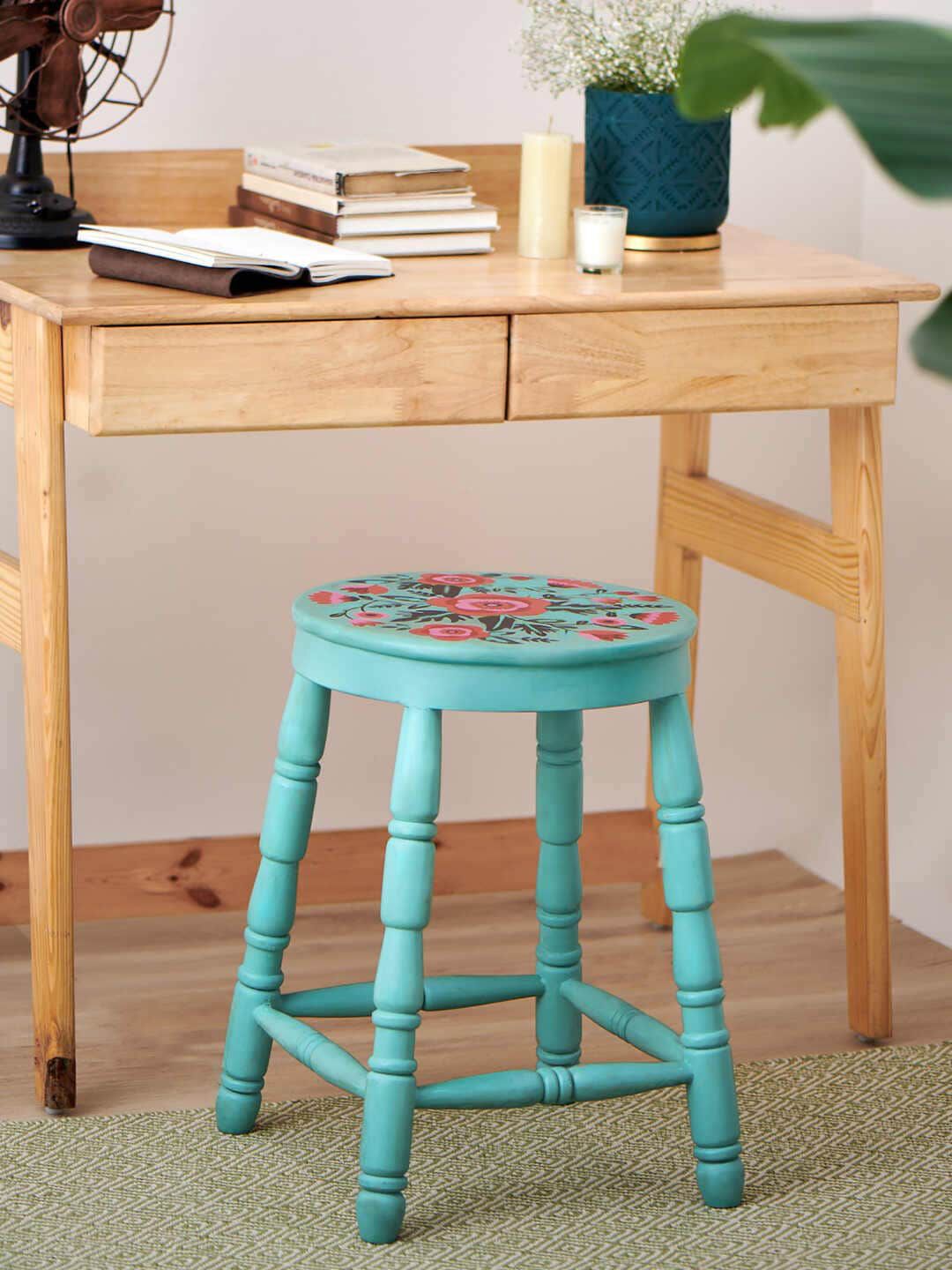 Chumbak Blue & Pink Printed Round Ottomans