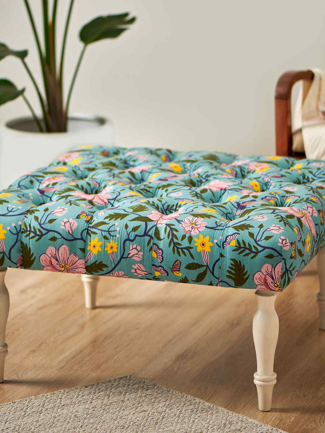 Chumbak Blue & Pink Floral-Printed Round Ottomans-image-8