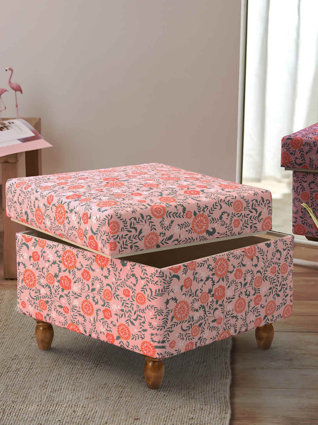 Chumbak Peach-Colored & Blue Floral-Printed Rectangle Ottomans-picture-41