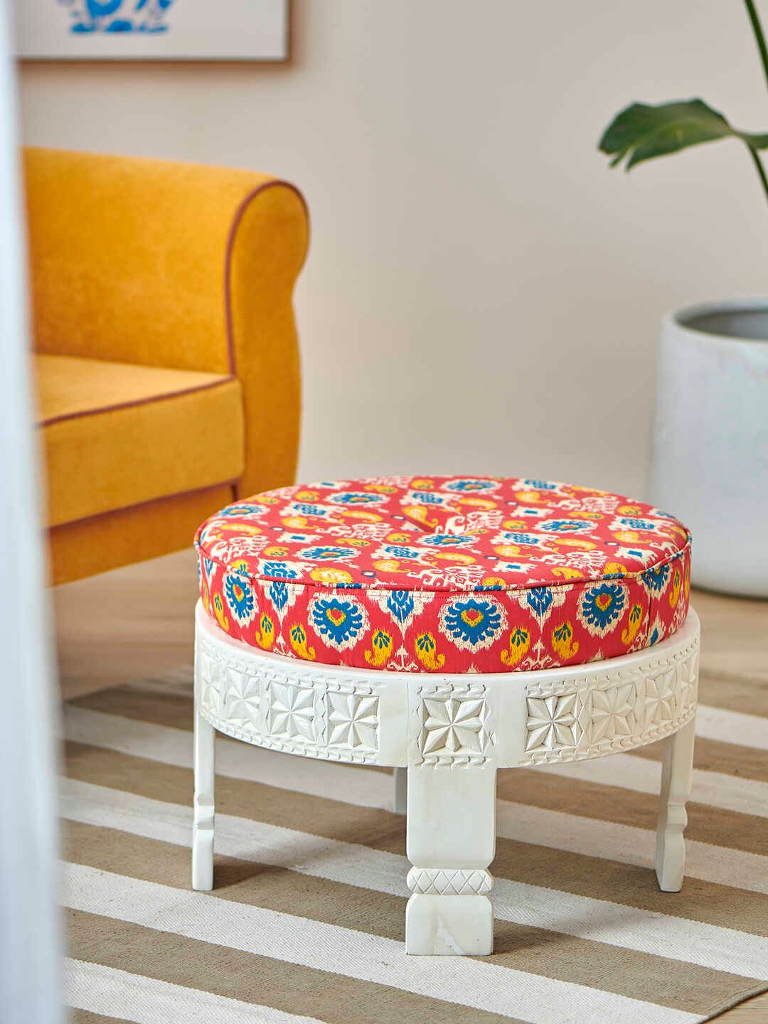 Chumbak Red & Blue Ikkat Printed Round Ottomans-image-6