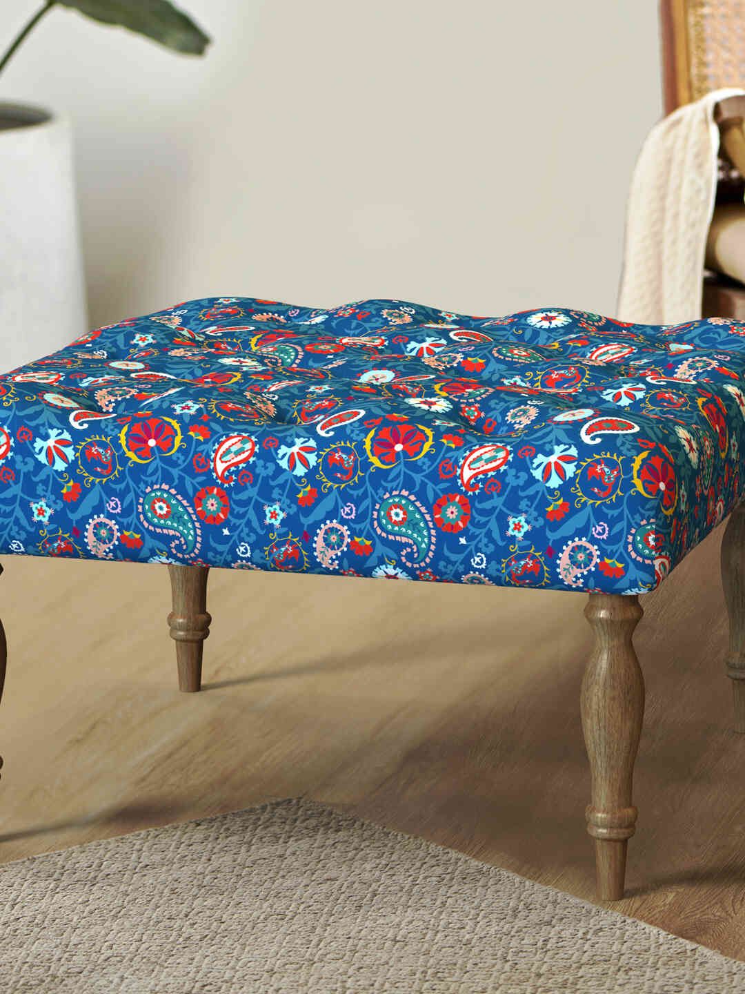 Chumbak Blue & Red Paisley Printed Square Ottoman-picture-25