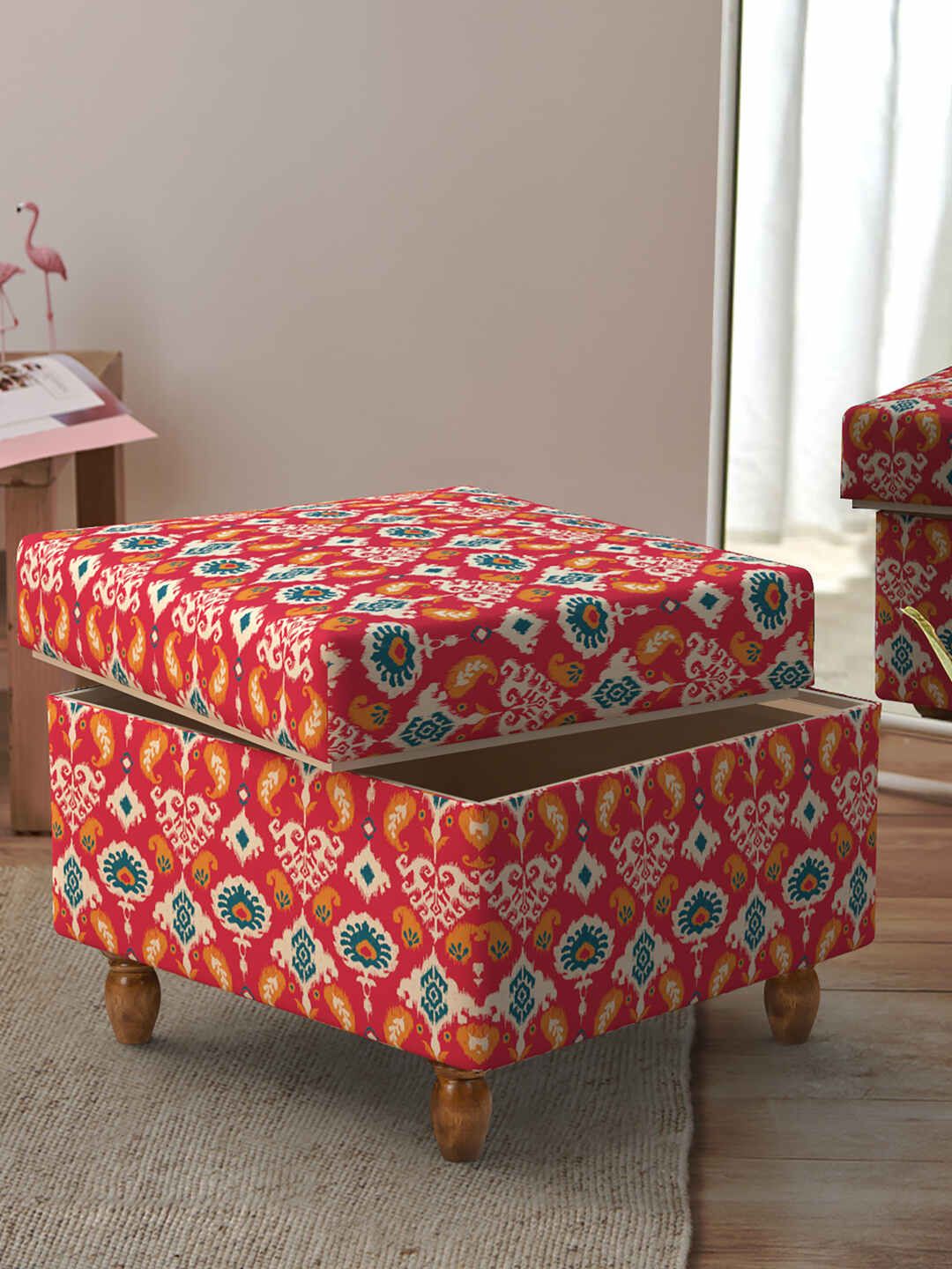 Chumbak Red & Blue Ikkat Printed Rectangular Ottoman-picture-48