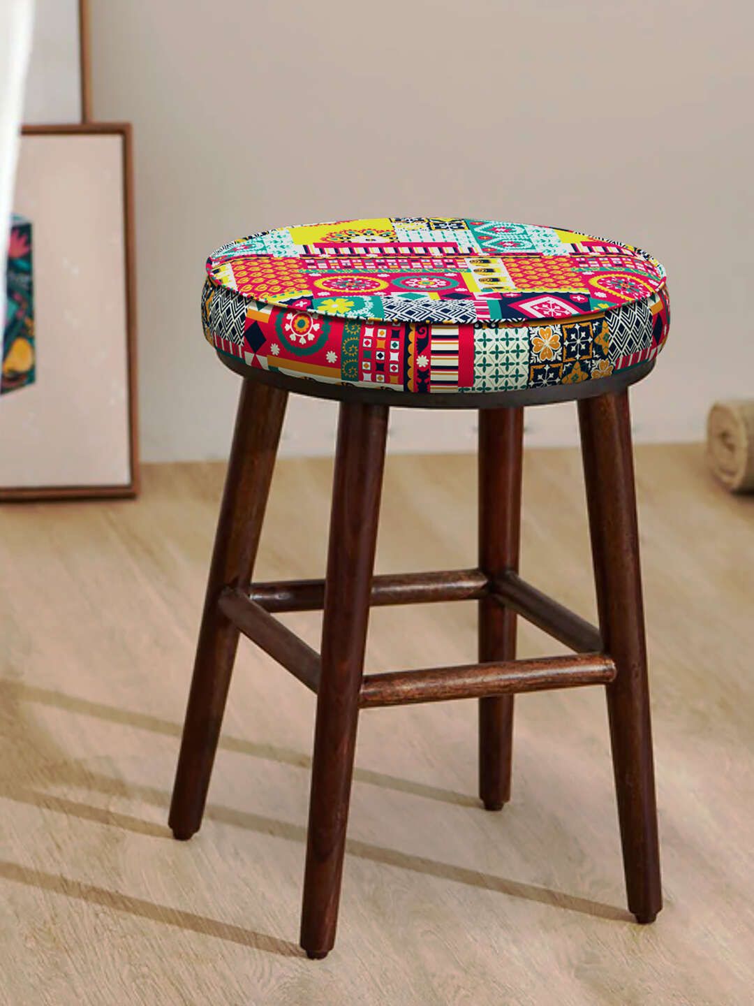 Chumbak English Cafe Stool Red & Yellow Ethnic Motifs Printed Round Ottoman-picture-46