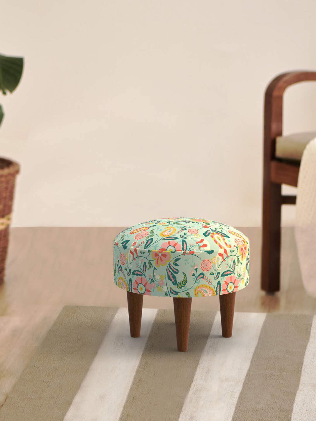 Chumbak Monkies and Bloom Blue & Pink Printed Round Ottoman-picture-30