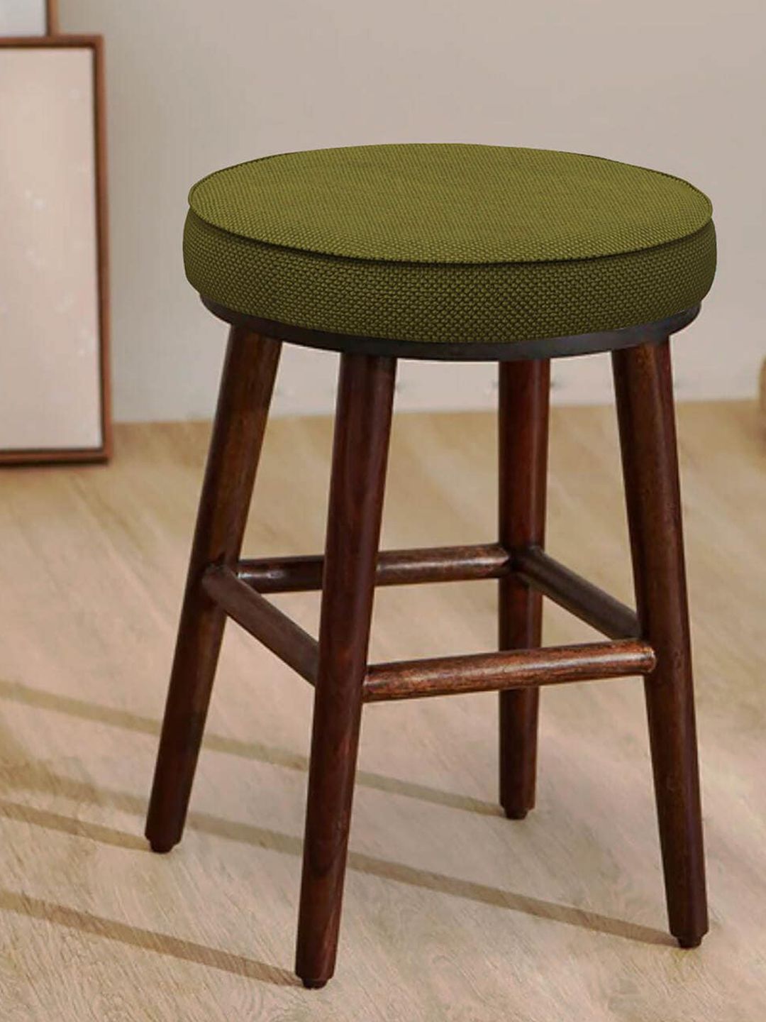 Chumbak English Cafe Olive Green Solid Round Ottoman-picture-23