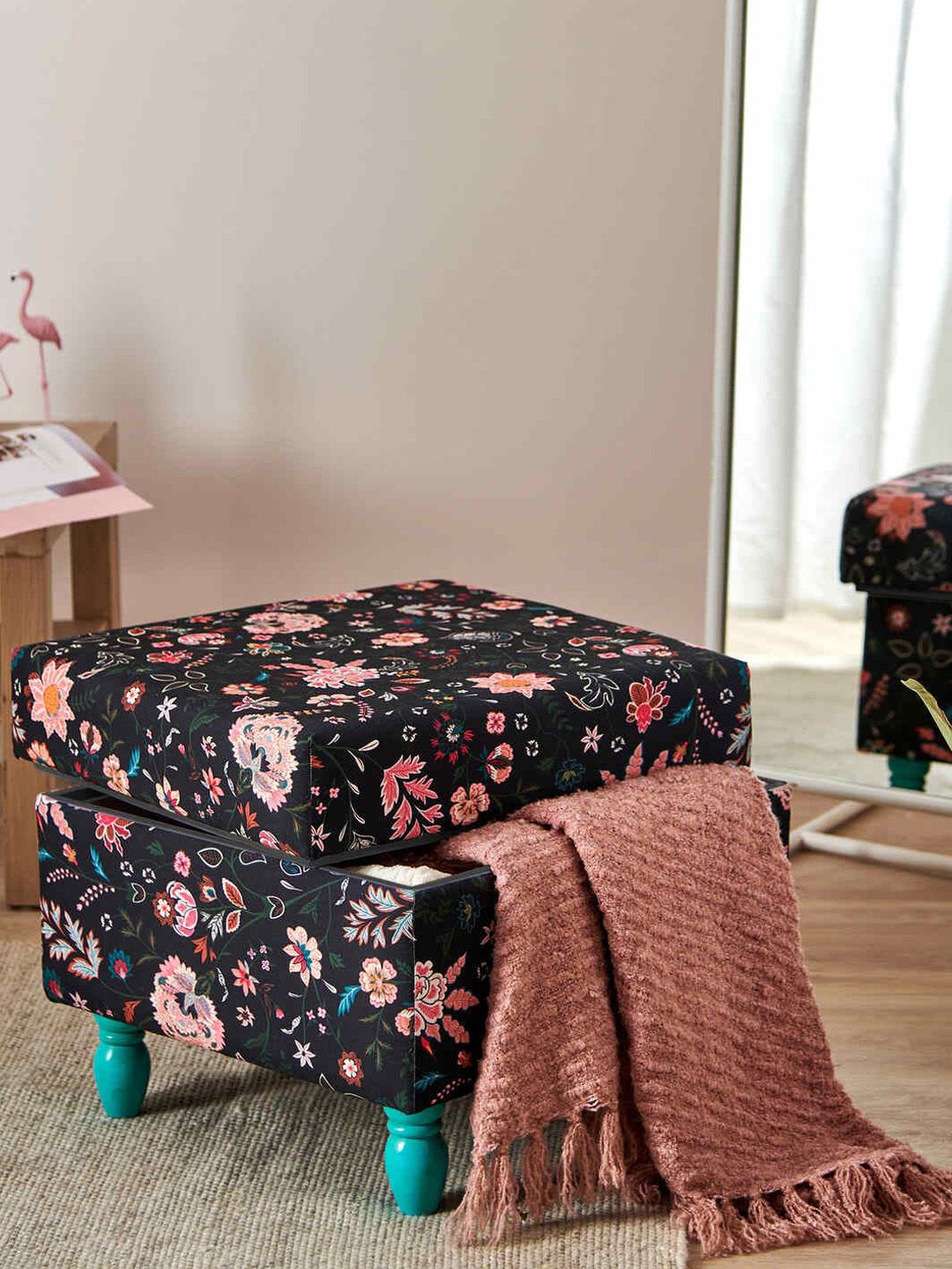 Chumbak Bohemian Palampore Black & Pink Floral Printed Rectangle Ottoman-picture-20