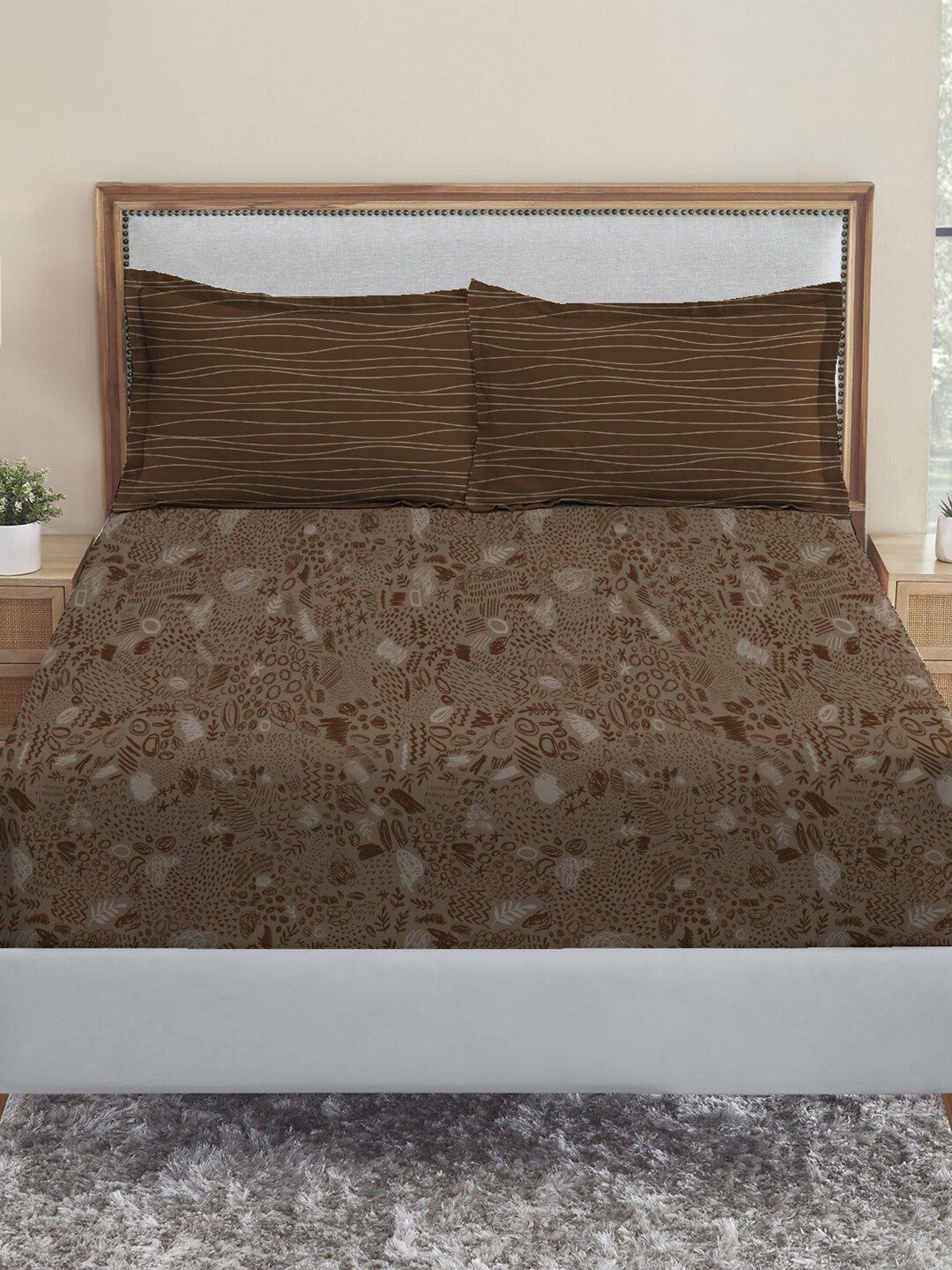 MYTRIDENT Dusk and Dawn Brown Pure Cotton 144 TC Queen Bedsheet with 2