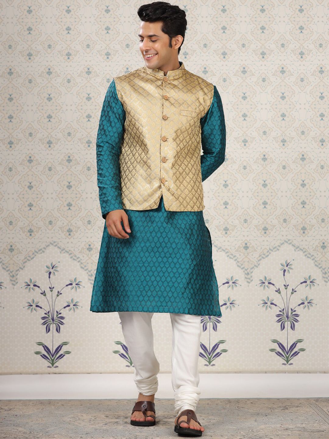 Ode by House of Pataudi Beige Woven Design Woven Nehru Jacket-picture-38