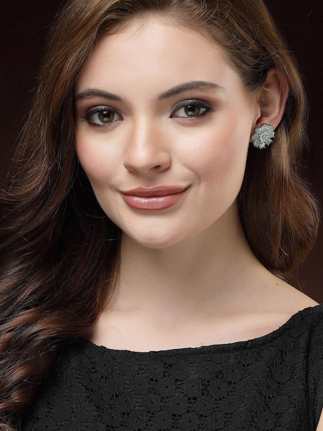 DressBerry Rhodium-Plated American Diamond-Studded Floral Stud Earrings-picture-26