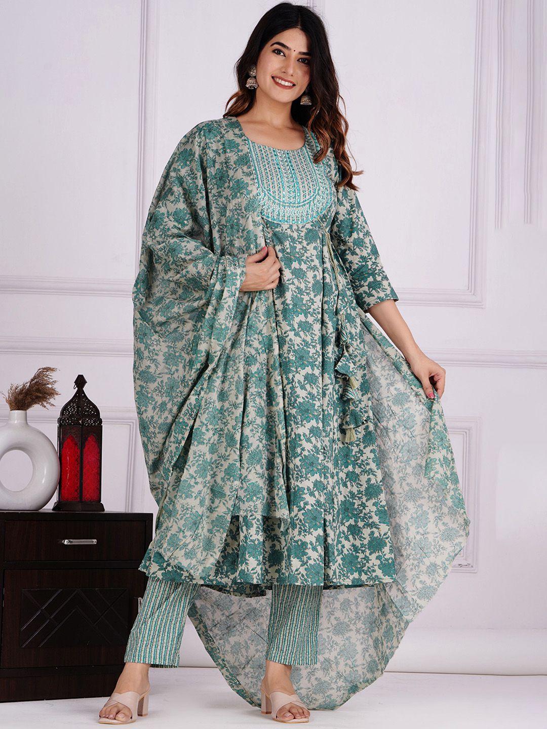 KALINI Floral Printed Thread Work Pure Cotton Anarkali Kurta with Trousers and  Dupatta